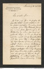 Nachlass Franz Steindachner, Brief von Zoologisches Institut Universität Strassburg, Direktion an Franz Steindachner (16.09.1896), Inv.Nr. 612.01, Seite 1